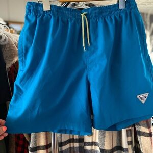 Columbia Men's Bright Blue Swim Trunks with Yellow Drawstring